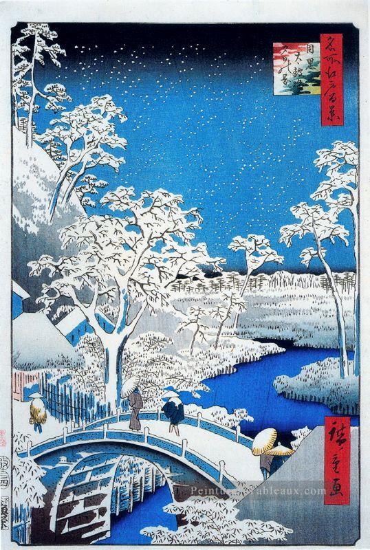 Drum Bridge and Setting Sun Hill Meguro Utagawa Hiroshige ukiyoe Peintures à l'huile